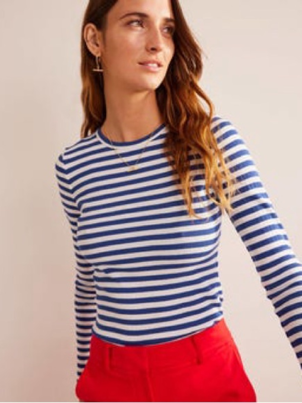 Boden Anna Breton Stripe Ribbed Crewneck Long Sleeve Shirt 16/18